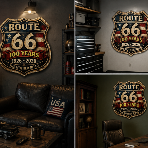 Route 66 Centennial Sign – 100th Anniversary 1926–2026 – Mother Road Metal Wall Decor – Americana Gift – Vintage Highway 66 Sign – Garage Man Cave