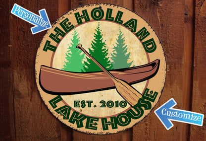 Vintage Lake House Sign with Canoe - Personalized