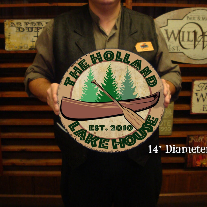 Vintage Lake House Sign with Canoe - Personalized