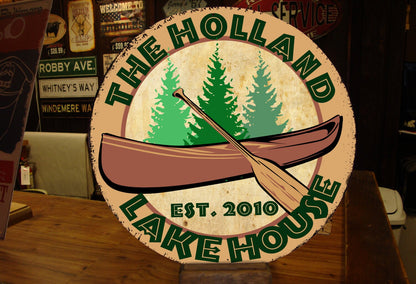 Vintage Lake House Sign with Canoe - Personalized