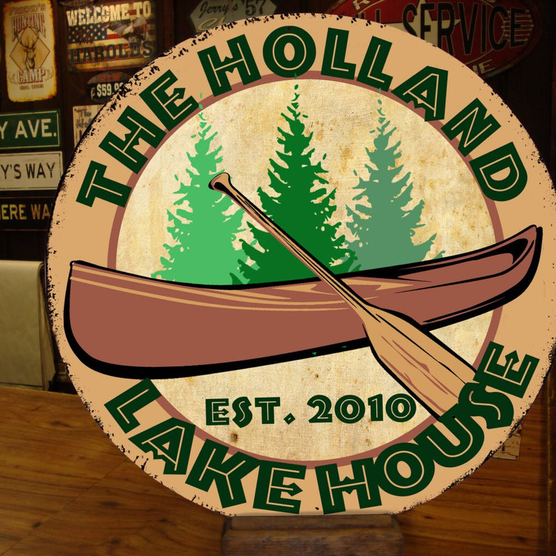 Vintage Lake House Sign with Canoe - Personalized