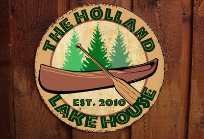 Vintage Lake House Sign with Canoe - Personalized