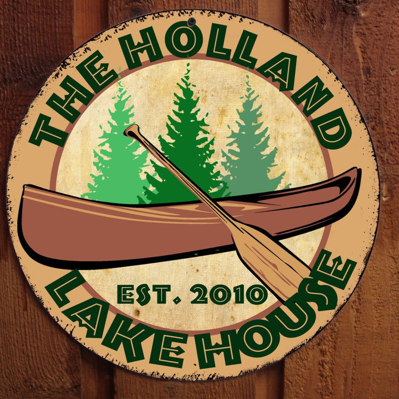 Vintage Lake House Sign with Canoe - Personalized