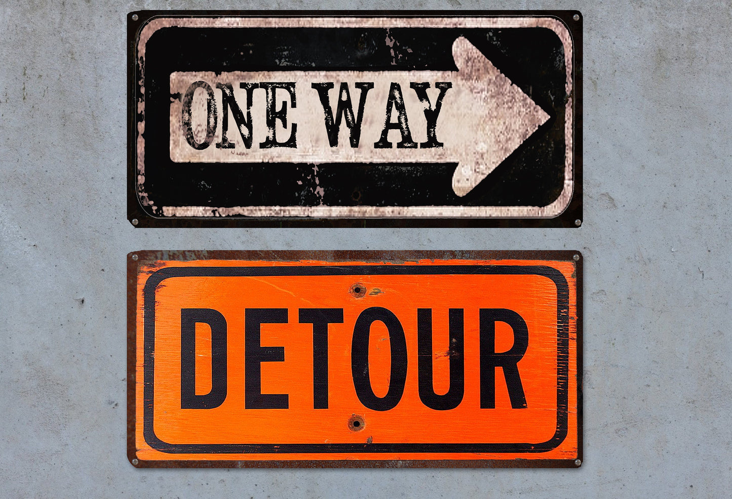 Vintage, Rustic Road Signs - One Way and Detour Sign