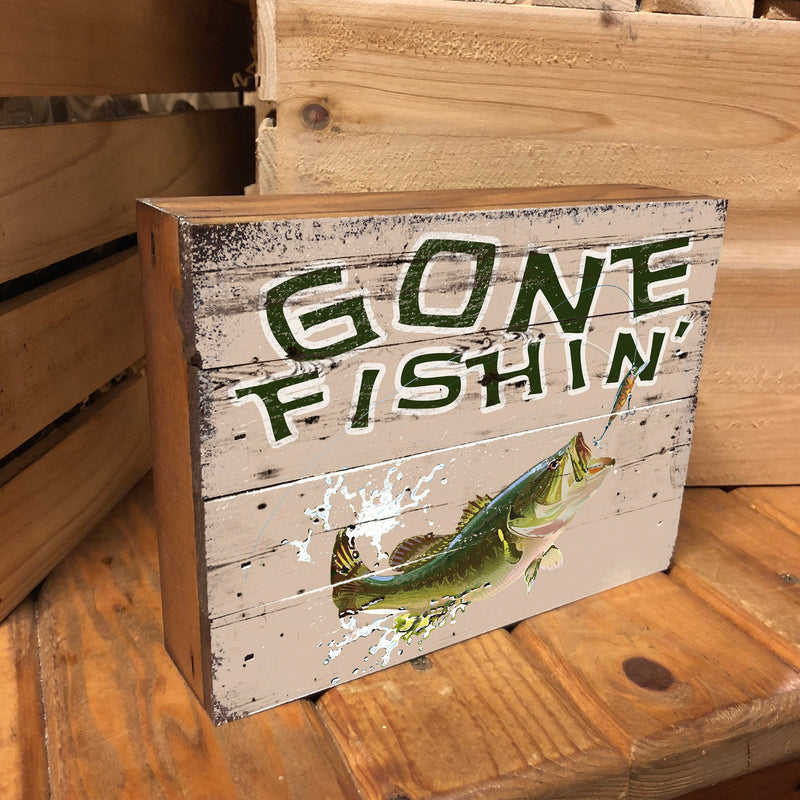 Vintage Gone Fishing Wood Box Sign