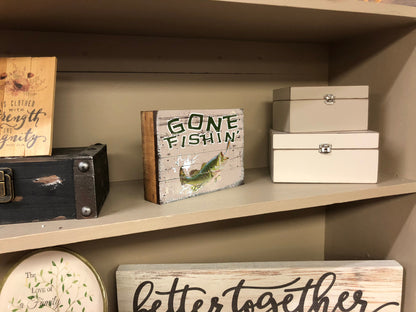 Vintage Gone Fishing Wood Box Sign