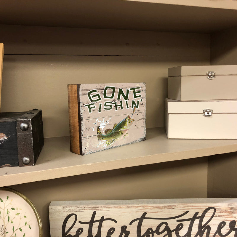 Vintage Gone Fishing Wood Box Sign