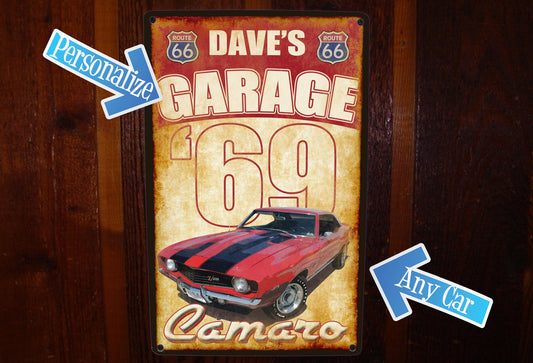 Vintage Tin Metal Sign for Garage. Free Personalization! YOUR Car Included on the Sign.