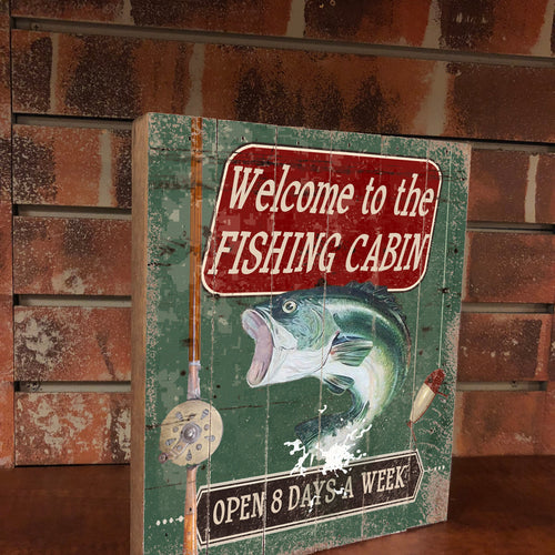 Vintage fishing cabin wood box signs