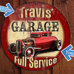 Vintage custom car sign for garage, round metal