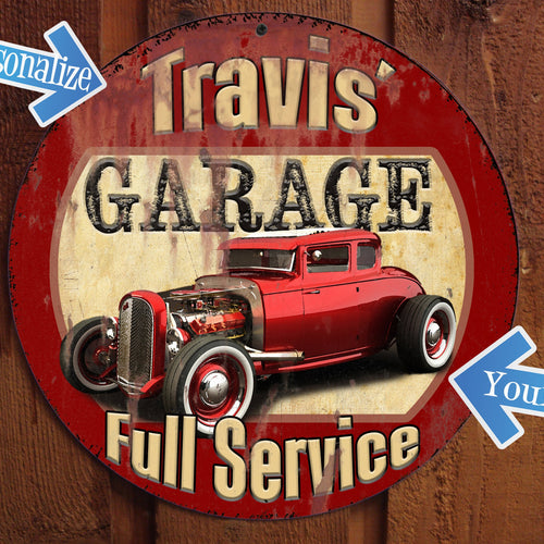 Vintage custom car sign for garage, round metal