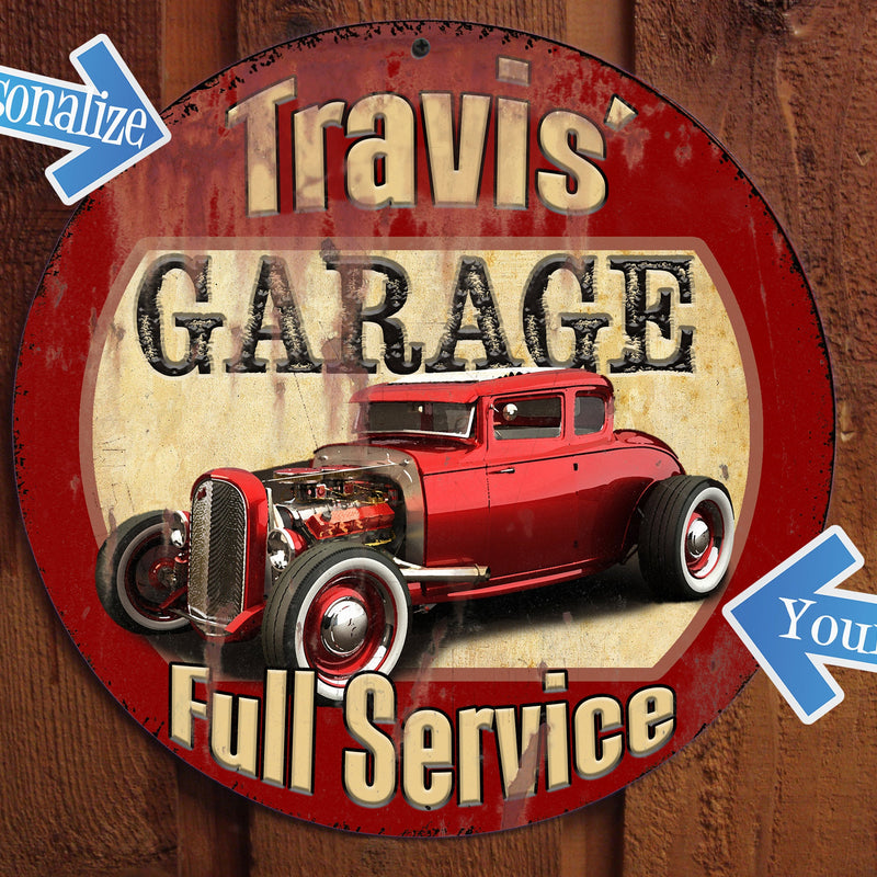 Vintage custom car sign for garage, round metal