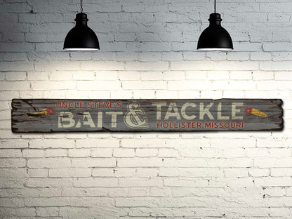 Custom Bait & Tackle Sign on Rustic Barn Wood. Vintage Fishing Sign measures 4 feet long.