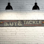 Custom Bait & Tackle Sign on Rustic Barn Wood. Vintage Fishing Sign measures 43 inches long.