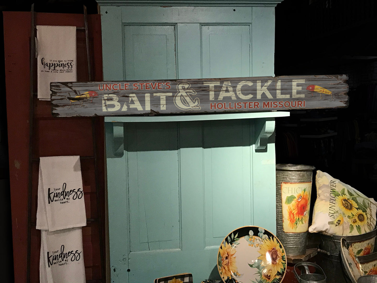 Custom Bait & Tackle Sign on Rustic Barn Wood. Vintage Fishing Sign measures 4 feet long.