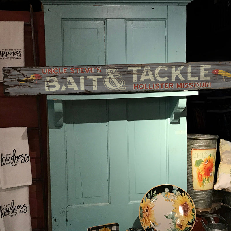 Custom Bait & Tackle Sign on Rustic Barn Wood. Vintage Fishing Sign measures 43 inches long.