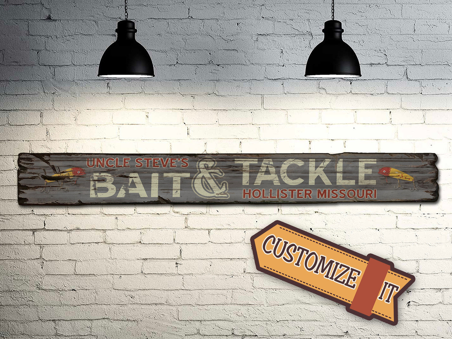 Custom Bait & Tackle Sign on Rustic Barn Wood. Vintage Fishing Sign measures 4 feet long.