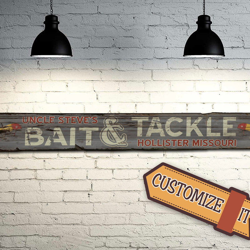 Custom Bait & Tackle Sign on Rustic Barn Wood. Vintage Fishing Sign measures 43 inches long.