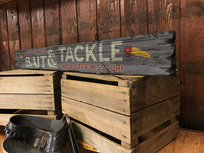 Custom Bait & Tackle Sign on Rustic Barn Wood. Vintage Fishing Sign measures 4 feet long.