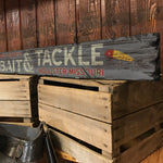 Custom Bait & Tackle Sign on Rustic Barn Wood. Vintage Fishing Sign measures 43 inches long.
