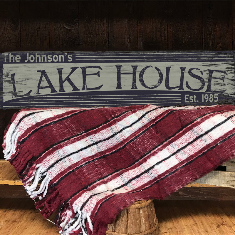 Custom Lake House Sign on Rustic Barn Wood. Vintage Lake House includes FREE Name and Year. Measures 4 feet long.