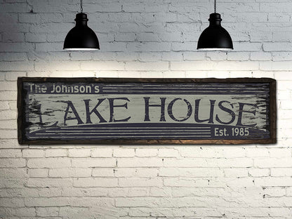 Custom Lake House Sign on Rustic Barn Wood. Vintage Lake House includes FREE Name and Year. Measures 4 feet long.