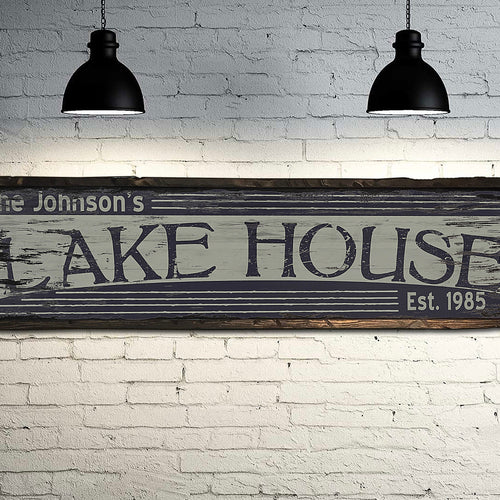 Custom Lake House Sign on Rustic Barn Wood. Vintage Lake House includes FREE Name and Year. Measures 4 feet long.