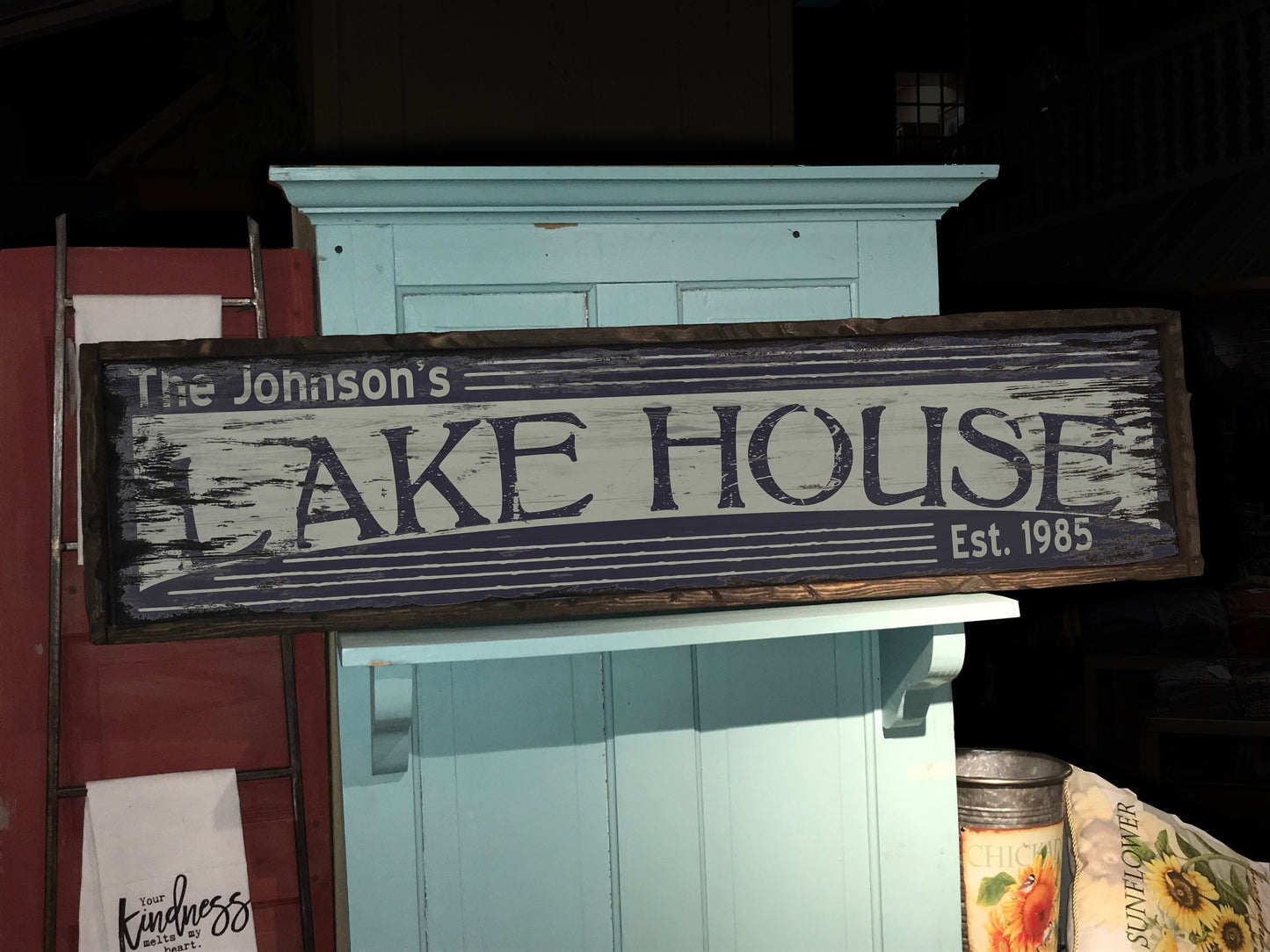 Custom Lake House Sign on Rustic Barn Wood. Vintage Lake House includes FREE Name and Year. Measures 4 feet long.