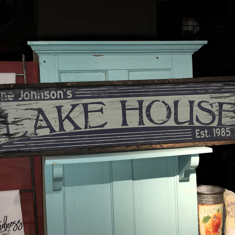 Custom Lake House Sign on Rustic Barn Wood. Vintage Lake House includes FREE Name and Year. Measures 4 feet long.