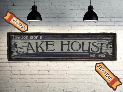 Custom Lake House Sign on Rustic Barn Wood. Vintage Lake House includes FREE Name and Year. Measures 4 feet long.