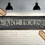 Custom Lake House sign on rustic barn wood, name and year