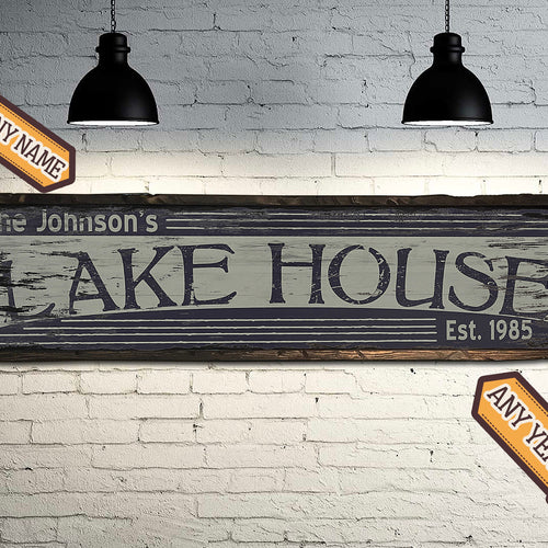 Custom Lake House sign on rustic barn wood, name and year