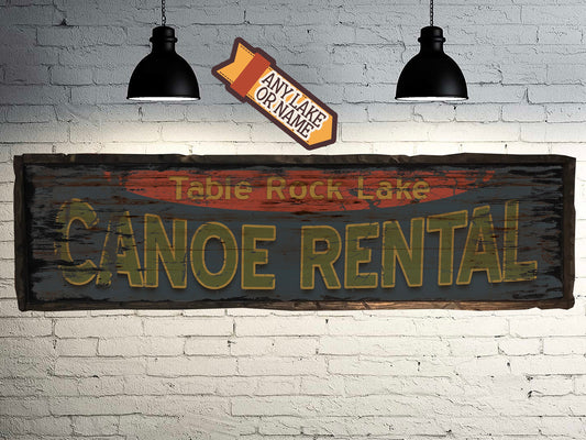 Fun Canoe Rental Lake House Sign - Free Personalization. Rustic Barn Wood