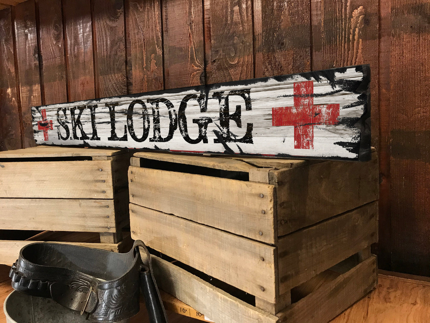 Vintage SKI LODGE Sign on Rustic Barn Wood. Handcrafted