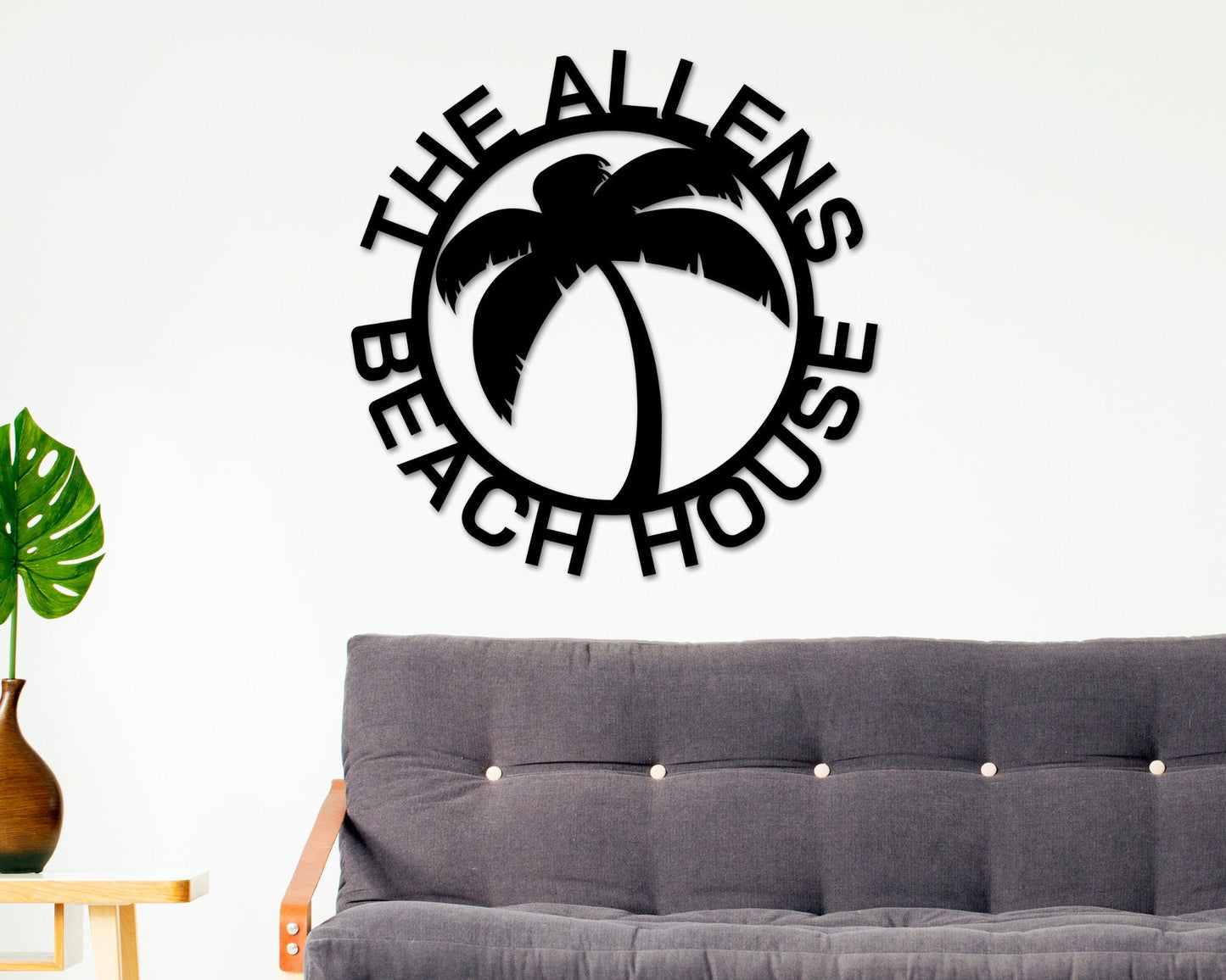 Black Friday, Cyber Monday Sale, Beach House Personalized,  Steel Metal Wall Sign, Wall Customized with Name and Palm Trees, Palm Tree Metal