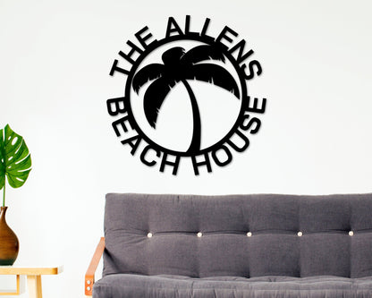 Black Friday, Cyber Monday Sale, Beach House Personalized,  Steel Metal Wall Sign, Wall Customized with Name and Palm Trees, Palm Tree Metal