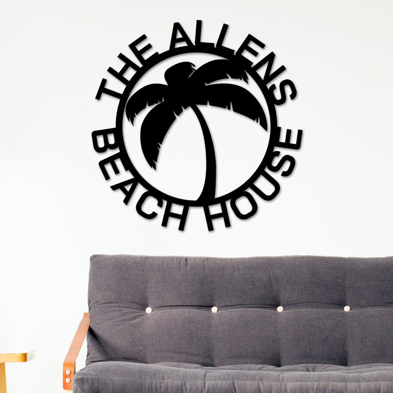 Beach House Personalized,  Steel Metal Wall Sign, Wall Customized with Name and Palm Trees, Personalized Palm Tree Metal Sign, Beach Decor