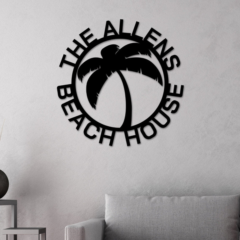 Beach House Personalized,  Steel Metal Wall Sign, Wall Customized with Name and Palm Trees, Personalized Palm Tree Metal Sign, Beach Decor