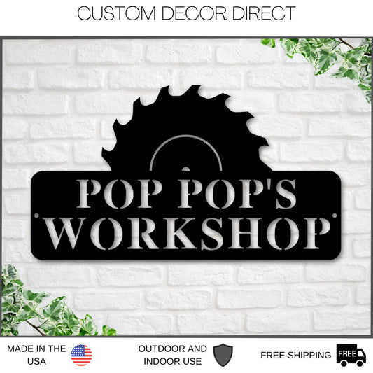 Black Friday, Cyber Monday Sale, Pop Pop's Workshop Sign In A Saw Blade, Crescent Wrench & Hammer Art, Gifts For Pop Pop, Woodworker Sign
