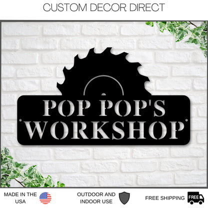 Christmas Gift, Holiday Sale, Pop Pop's Workshop Sign In A Saw Blade, Crescent Wrench & Hammer Art, Gifts For Pop Pop, Woodworker Sign