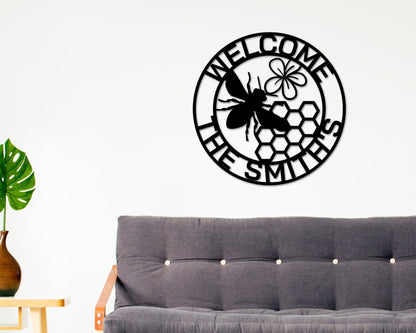 Bee Welcome Sign, Welcome Bee Sign, Metal Welcome Sign, Bee Sign, Last name Sign, Bee Decor, Metal Bee Sign, Porch Sign, Door Sign, Front