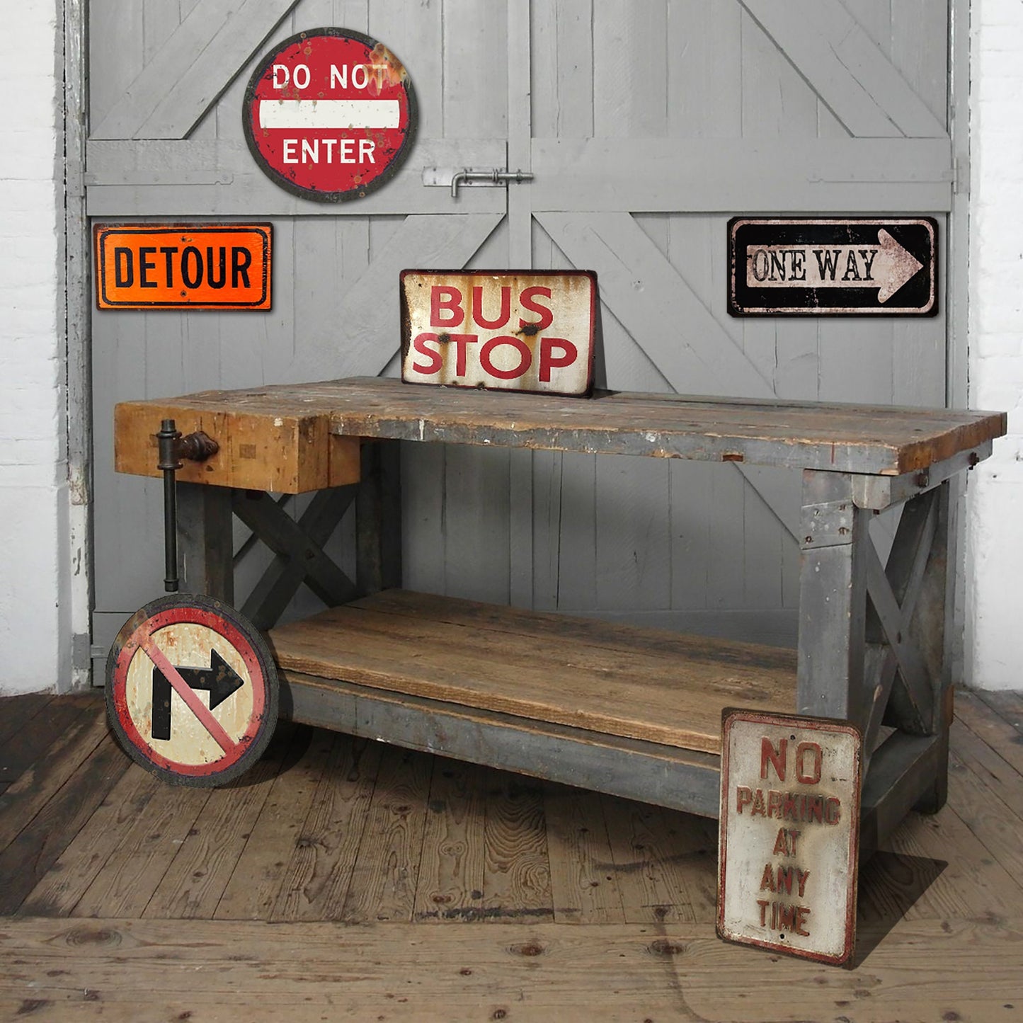 Vintage, Rustic Road Signs - One Way and Detour Sign