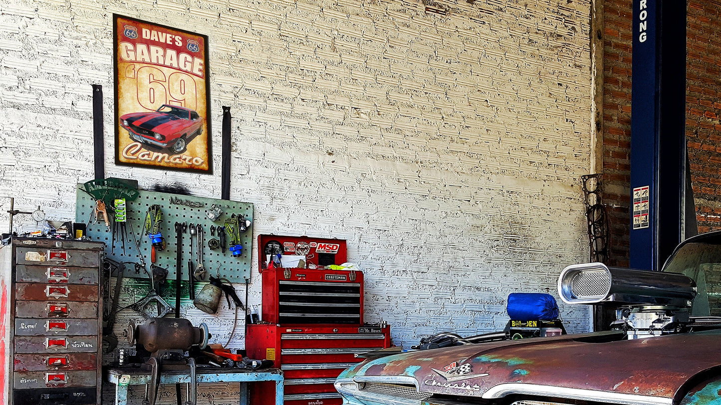 Vintage Tin Metal Sign for Garage. Free Personalization! YOUR Car Included on the Sign.