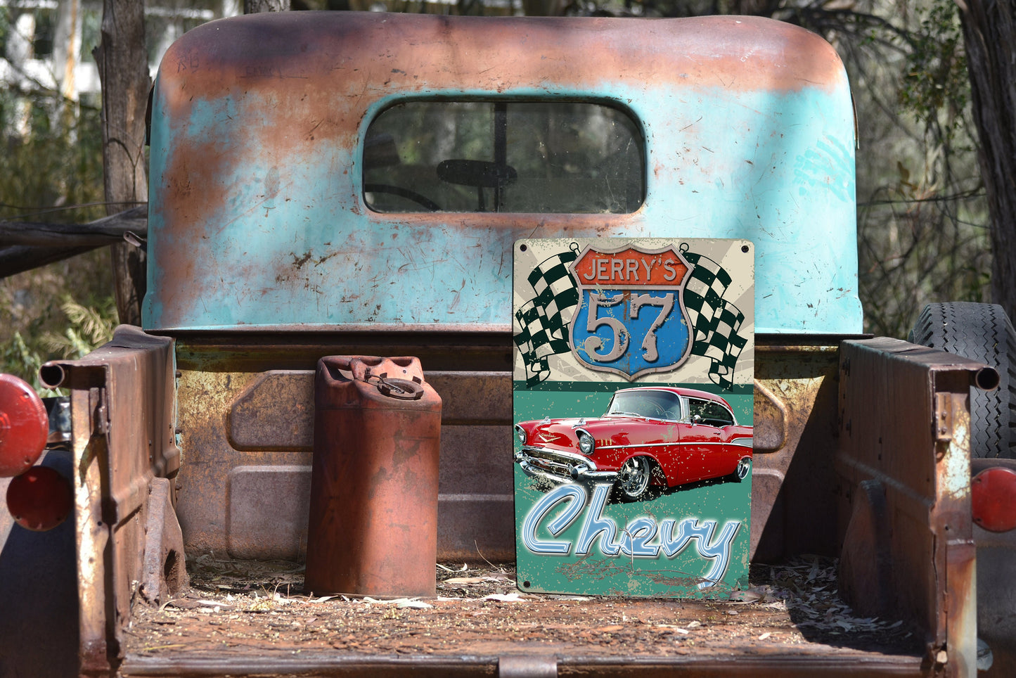 Vintage Route 66 era sign - Featuring YOUR CAR! On Metal!