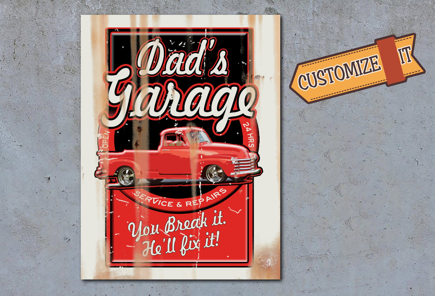 Dad's Garage Sign - On Metal. Customized.