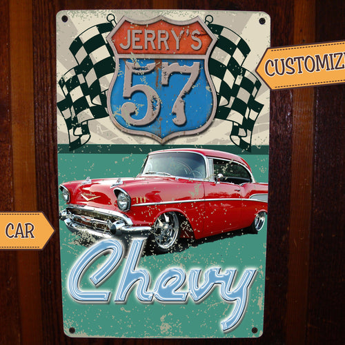 Vintage Route 66 era sign - Featuring YOUR CAR! On Metal!