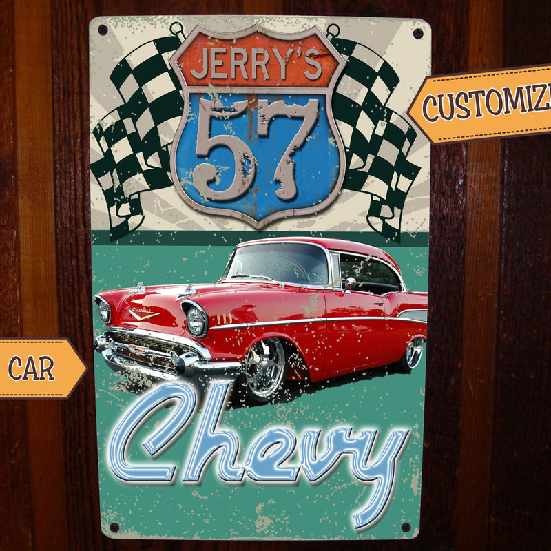 Vintage Route 66 era sign - Featuring YOUR CAR! On Metal!
