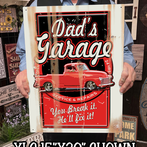 Dad's Garage Sign - On Metal. Customized.
