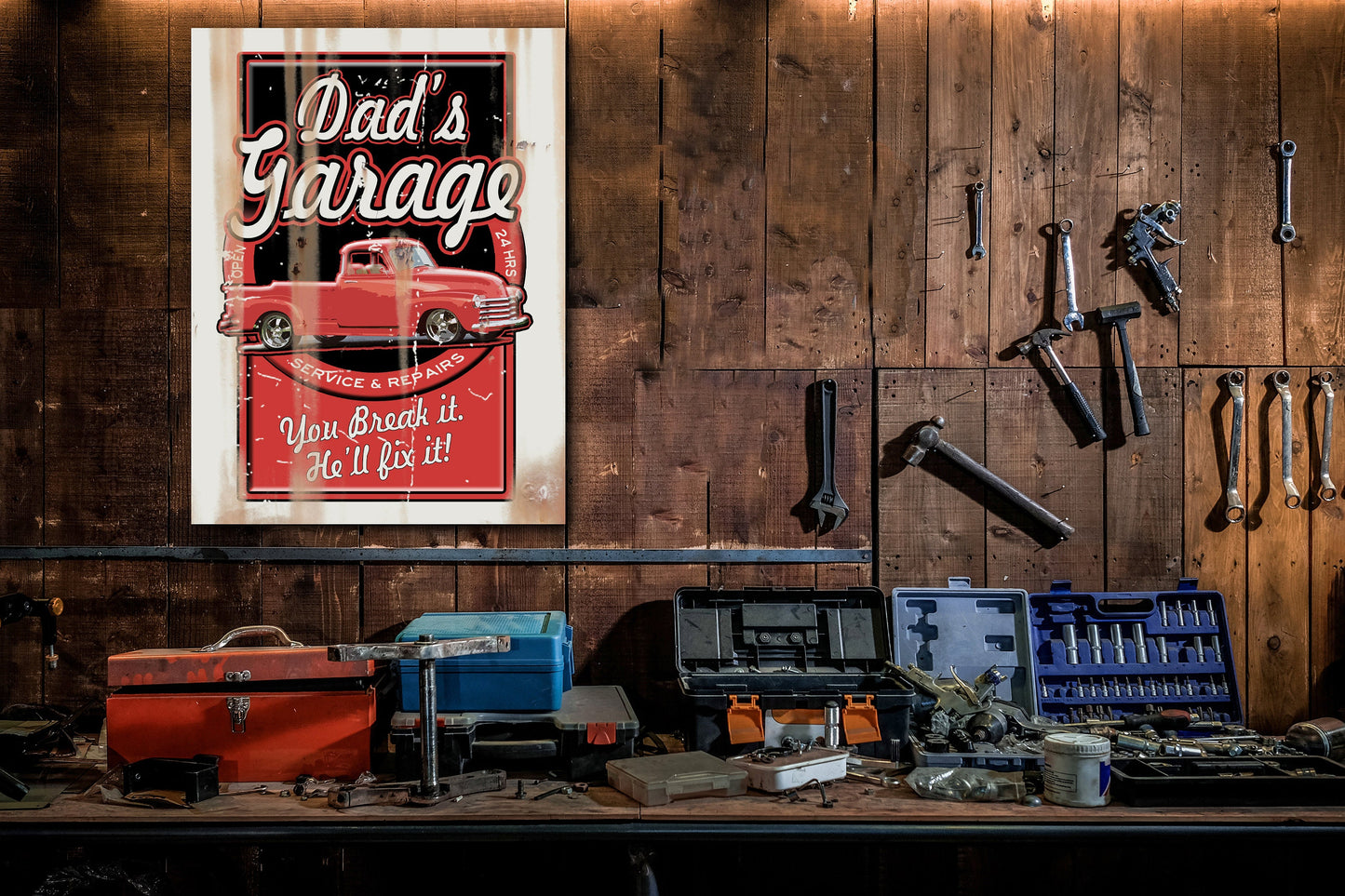 Dad's Garage Sign - On Metal. Customized.