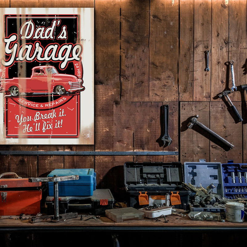 Dad's Garage Sign - On Metal. Customized.